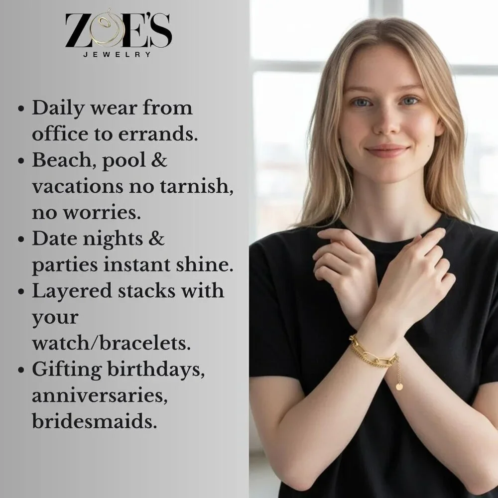 Water-Resistant 18K Gold Plated Layered Bracelet Women Stainless Steel
